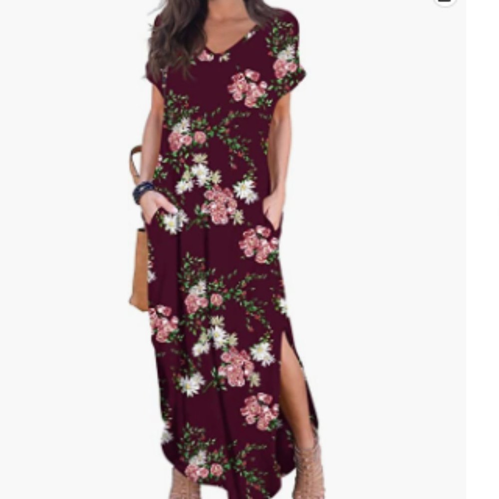 NWT GRECERELLE Short Sleeve Floral Print Split Maxi Dress with Pockets Size XL